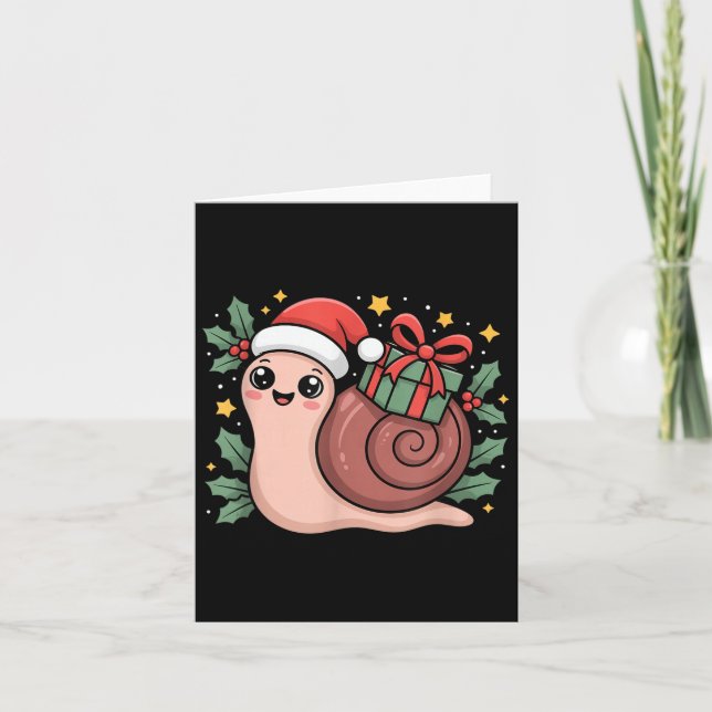 Kawaii Santa Snail With Wrapped Box And Holly Star Card (Front)