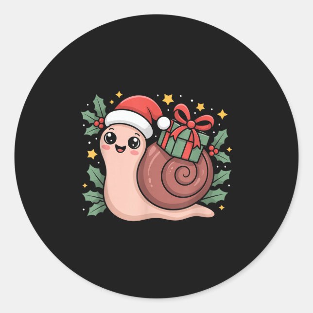 Kawaii Santa Snail With Wrapped Box And Holly Star Classic Round Sticker (Front)
