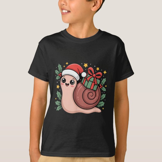 Kawaii Santa Snail With Wrapped Box And Holly Star T-Shirt (Front)