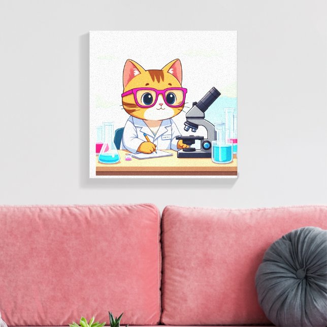 Kawaii Scientist Cat – Cute Cartoon Lab Canvas Art (Insitu(LivingRoom))