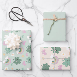 Kawaii Shamrock & Rainbow  Pastel Green set of 3 Wrapping Paper Sheet