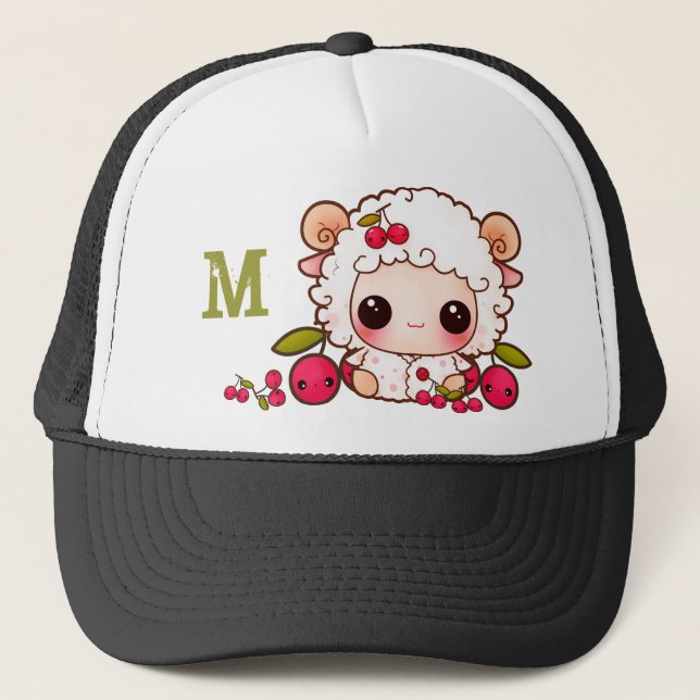 Kawaii sheep and cherries - Monogrammed Trucker Hat (Front)
