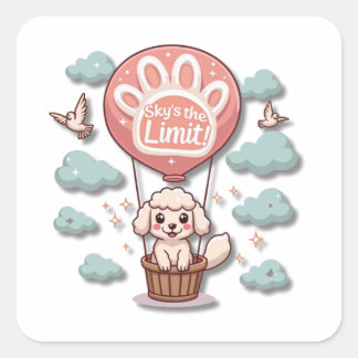 Kawaii Sheepdog in Hot Air Balloon Square Sticker