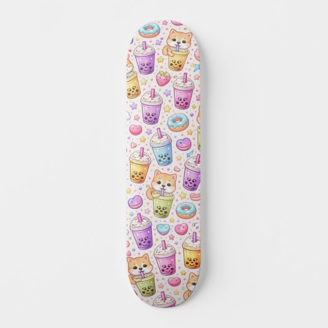 Kawaii Shiba Inu Boba Bubble Tea Pattern Skateboard (Front)