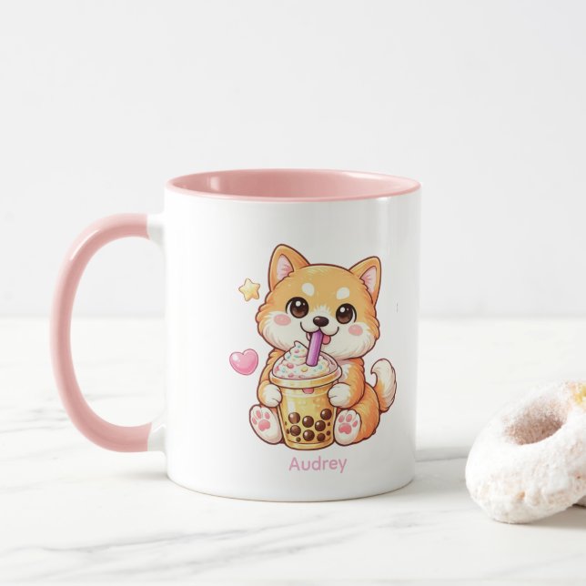 Kawaii Shiba Inu Drinking Bubble Tea Unisex Mug (With Donut)