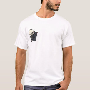 Kawaii Skeleton Hugging Chubby Black Cat - Spooky T-Shirt