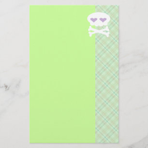 Kawaii Skull Crossbones on Punky Green Plaid Stationery