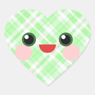 Kawaii Smile Happy Face Green Plaid Heart Sticker