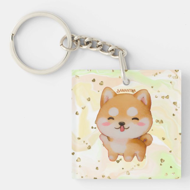 Kawaii Smiling Cartoon-Style Shiba Inu Keychain (Front)