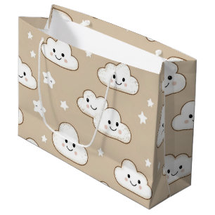 Kawaii Smiling Clouds & Stars on Beige Large Gift Bag