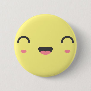 Kawaii smiling face with round closed eyes, yellow 2 inch round button