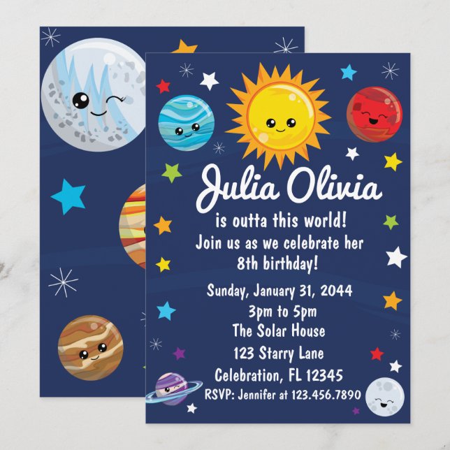 Kawaii Solar System Outta This World Birthday Invitation (Front/Back)