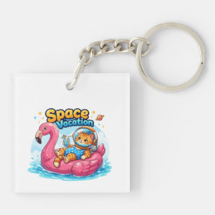 Kawaii Space Cat Vacation Design Keychain