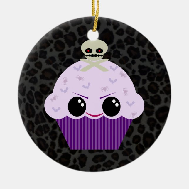 Kawaii Spooky Cupcake Black Leopard Print Ornament (Front)
