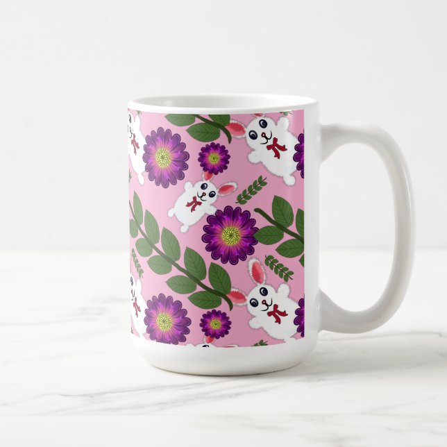 Kawaii Spring Bunny: Vibrant Purple Floral  Coffee Mug (Right)