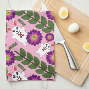 Kawaii Spring Bunny: Vibrant Purple Floral  Kitchen Towel