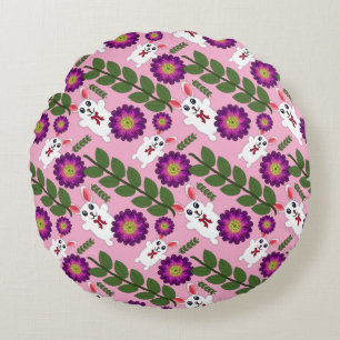 Kawaii Spring Bunny: Vibrant Purple Floral  Round Pillow