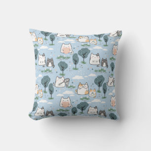 Kawaii Spring Cats Nature Pattern Throw Pillow