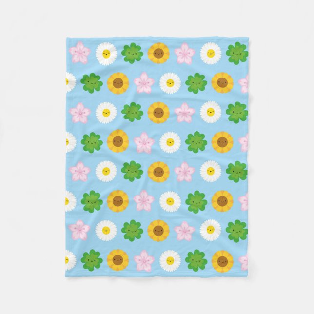 Kawaii Spring Flowers (Blue) Fleece Blanket (Front)