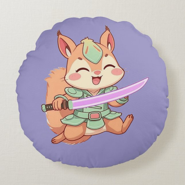 Kawaii Squirrel Samurai. Round Pillow (Front)