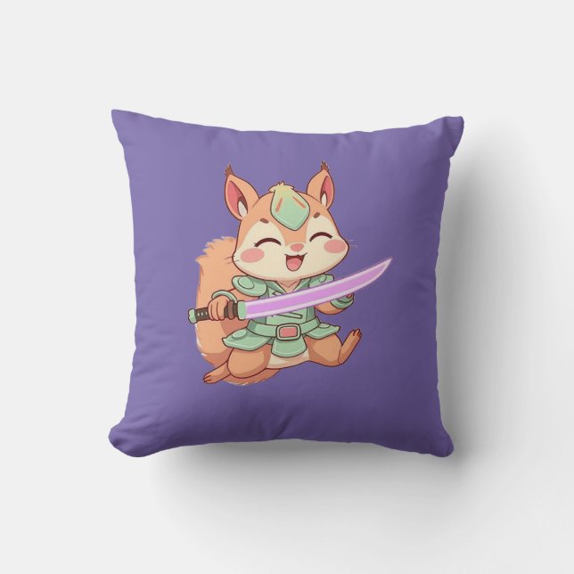 Kawaii Squirrel Samurai. Throw Pillow (Front)