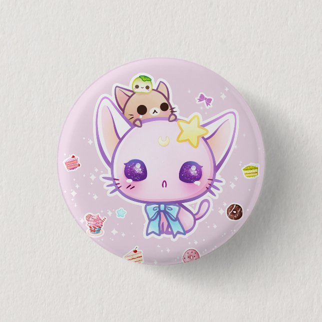 Kawaii star kitty with cute cakes 1 inch round button (Front)
