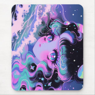 Kawaii Star-Sea Girl Under Cosmic Waves Mouse Pad