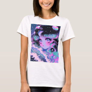 Kawaii Star-Sea Girl Under Cosmic Waves T-Shirt