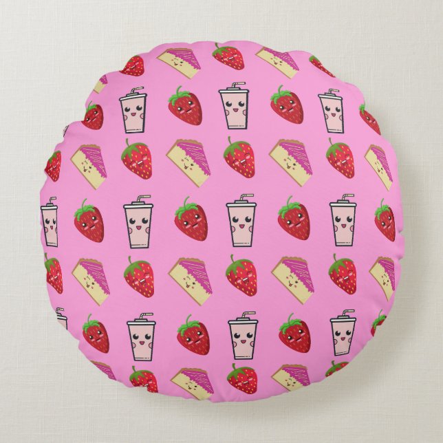 KAWAII STRAWBERRY AND CHEESECAKE ROUND PILLOW (Front)