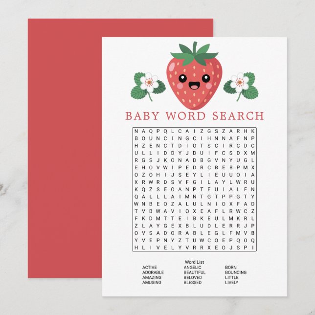 Kawaii Strawberry Baby Shower Word Search Game Invitation (Front/Back)