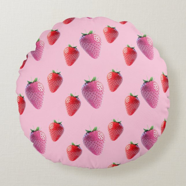 Kawaii Strawberry Berry Sweet Pink and Red Fruit Round Pillow (Front)