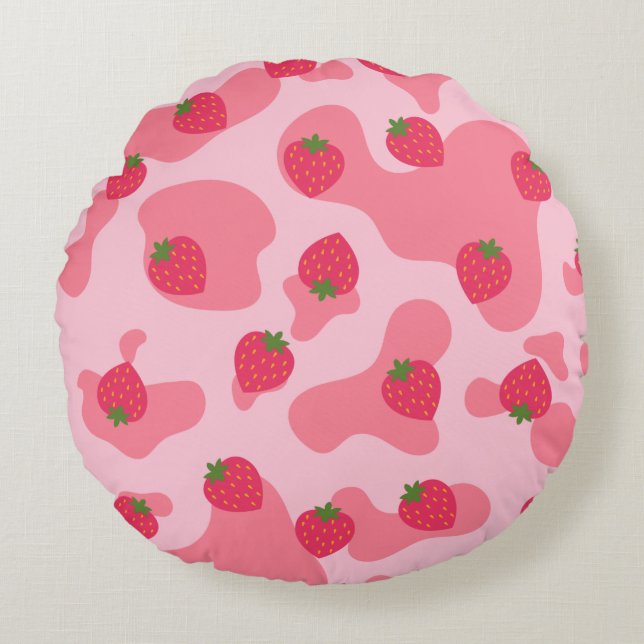 kawaii strawberry cow pattern round pillow (Front)