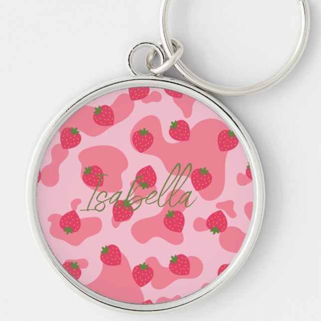 kawaii strawberry cow personalized keychain (Front)