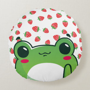Kawaii Strawberry Frog Round Pillow