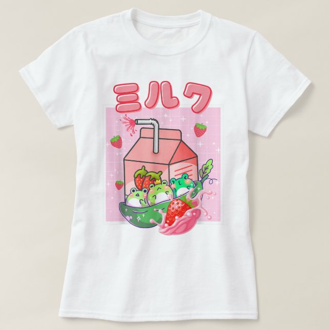 Kawaii Strawberry Milk Frog Art T-Shirt (Design Front)