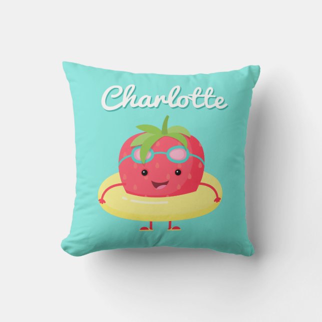 Kawaii Strawberry Swimmer Throw Pillow (Front)