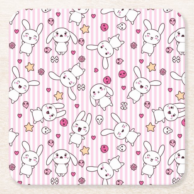 kawaii stripes pattern square paper coaster (Front)