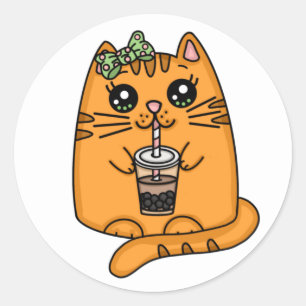 Kawaii Style Kitty Cat with Bubble Tea  Classic Round Sticker