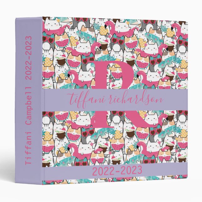 Kawaii Summer Cute Kitty Cats 3 Ring Binder (Front/Spine)