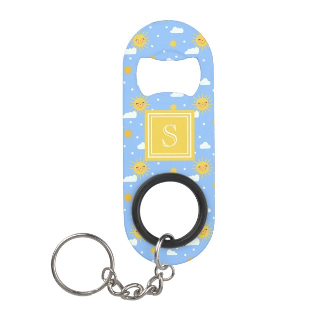 Kawaii Summer Sunshine Clouds Monogram Keychain Bottle Opener (Front)
