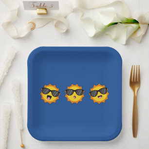 Kawaii Sun with Sunglasses Happy Emoji Faces Paper Plate