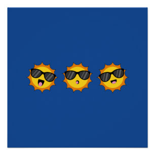 Kawaii Sun with Sunglasses Happy Emoji Faces Poster