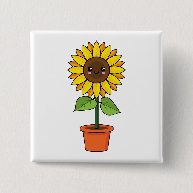 Kawaii Sunflower Plant in a Pot 2 Inch Square Button (Front)