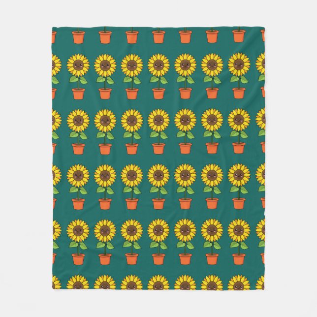 Kawaii Sunflower Plant in a Pot Fleece Blanket (Front)