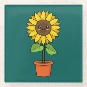 Kawaii Sunflower Plant in a Pot Glass Coaster