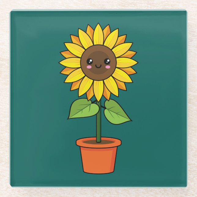 Kawaii Sunflower Plant in a Pot Glass Coaster (Front)
