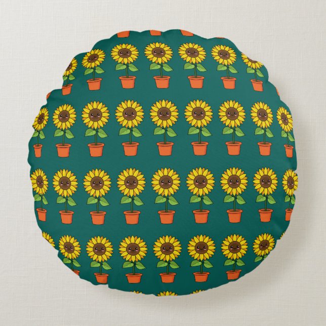 Kawaii Sunflower Plant in a Pot Round Pillow (Front)