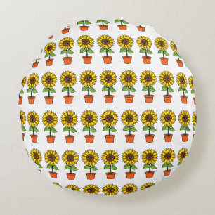 Kawaii Sunflower Plant in a Pot Round Pillow