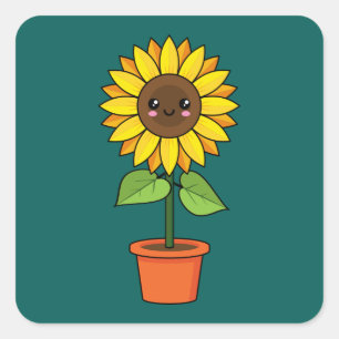 Kawaii Sunflower Plant in a Pot Square Sticker