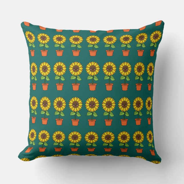 Kawaii Sunflower Plant in a Pot Throw Pillow (Front)